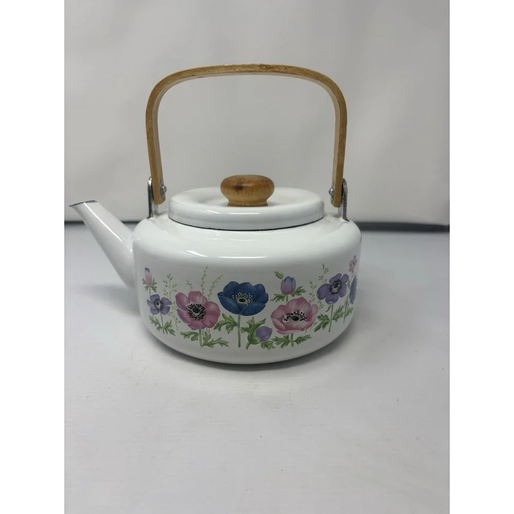 Vintage National Housewares Metal Teapot Kettle Floral Garden Bamboo 1985 Granny